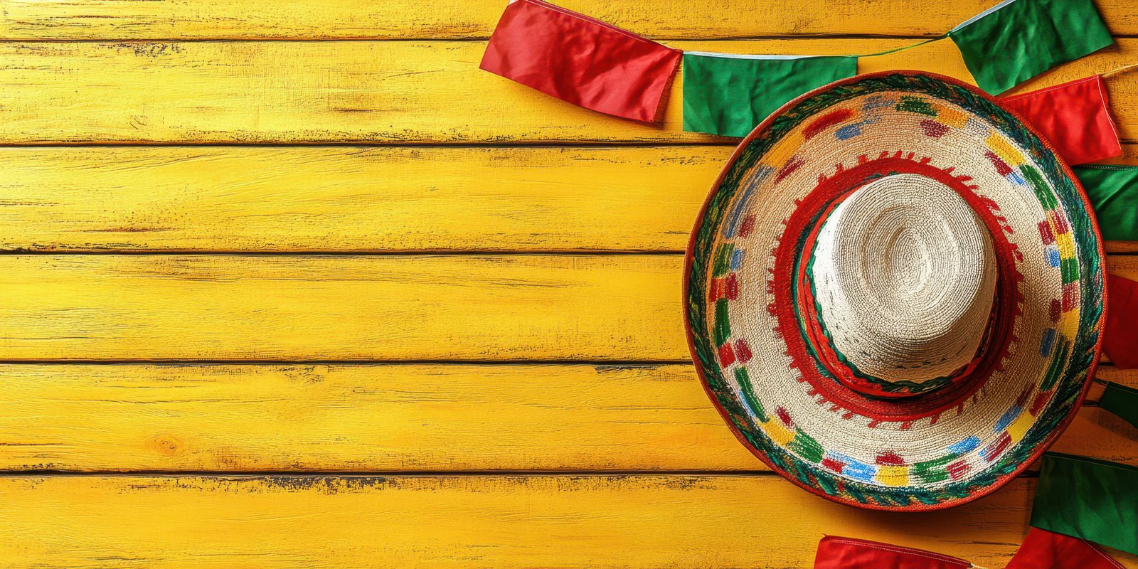 Colorful sombrero and festive decorations on a bright yellow wooden surface for a celebration
